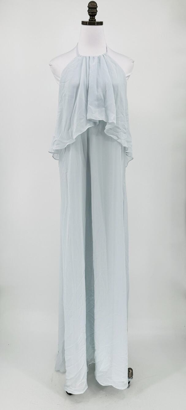 Nouvelle Amsale Cait Light Blue Halter Flowy Tiered Chiffon Maxi Dress Sz L